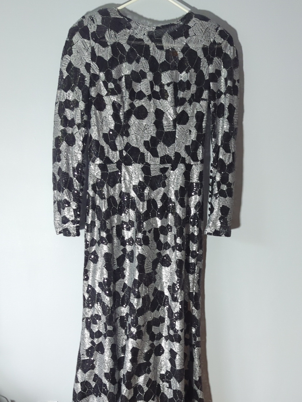 Johanna Johnson Gown Long Sleeve Black and Silver Sequin Maxi Dress Sheer